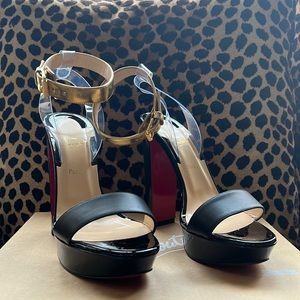 EUC Christian Louboutin Black Patent Leather Platform Heeled Sandal Size 39.5